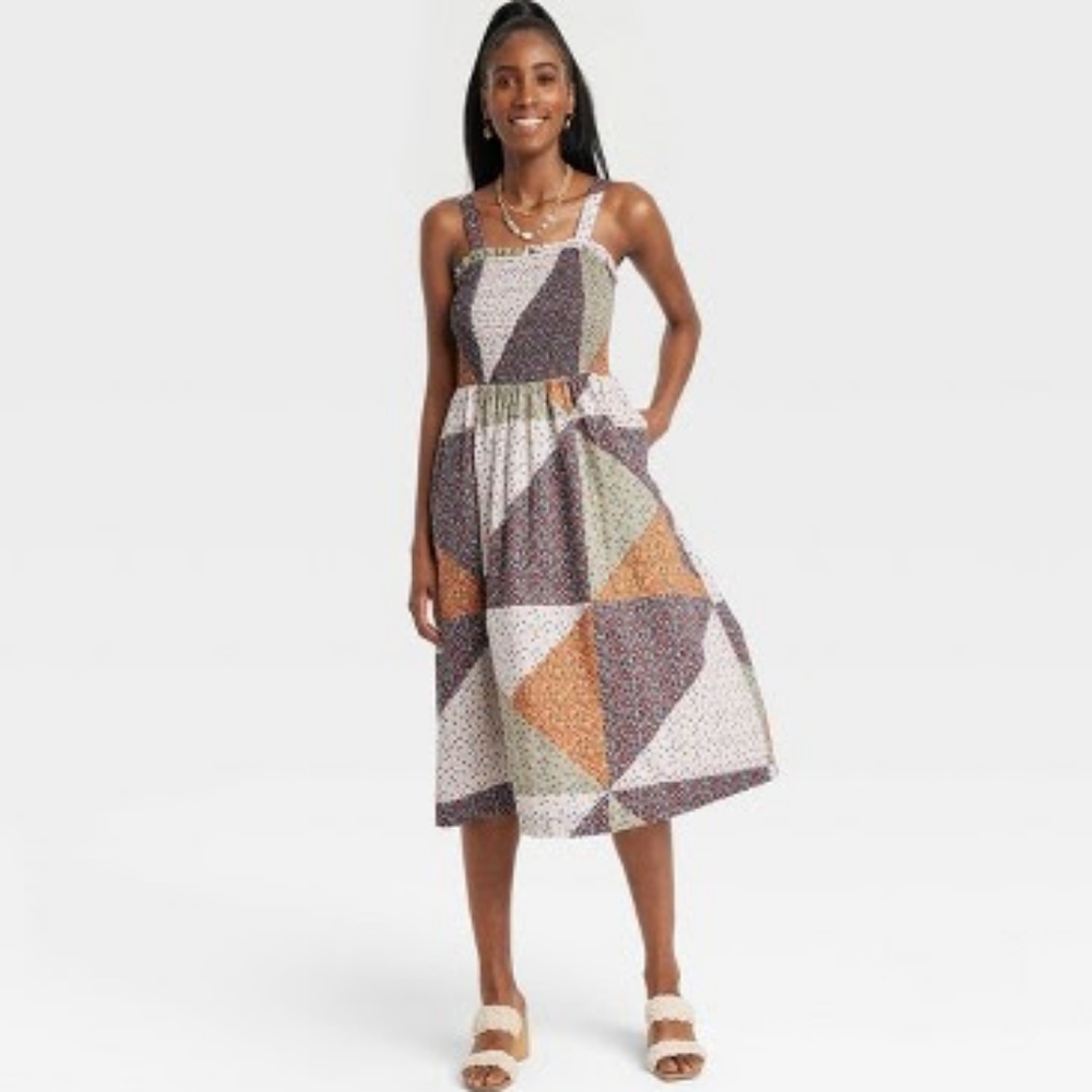 NWT Universal Thread XS smocked bodice patchwork floral print midi dress